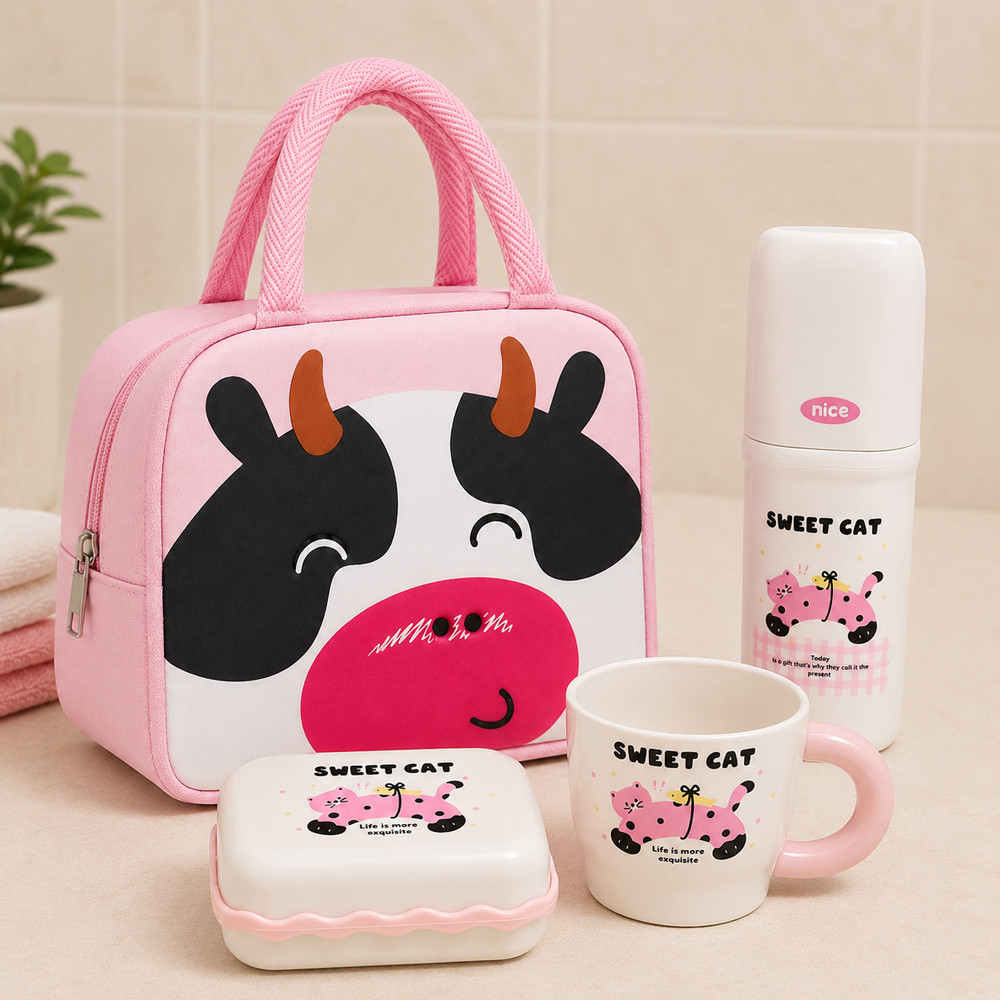 Kit Lanche E Higiene Infantil Bolsa Térmica e Kit Viagem 3 Peças Para Escolinha Menina