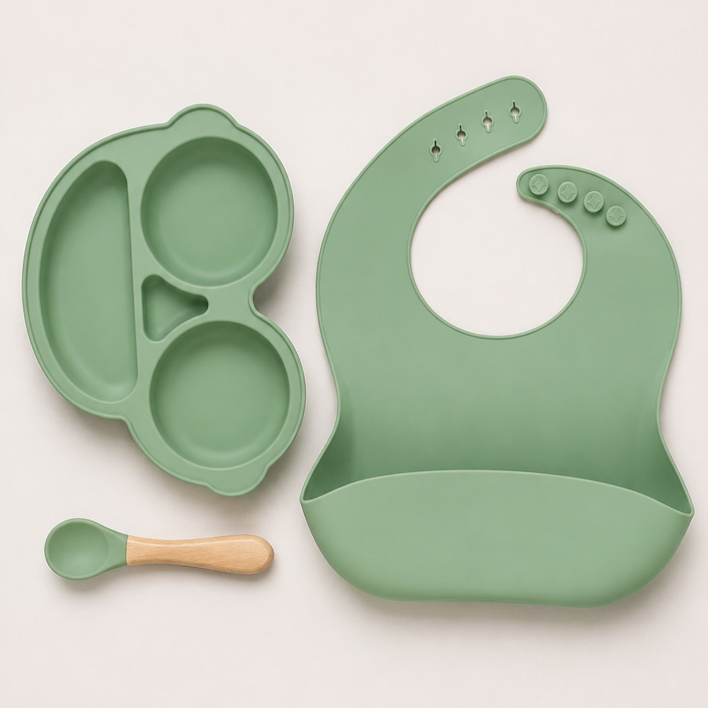 Kit Alimentação Bebê Silicone 3 Peças Prato Babador Colher BPA Free Verde Oliva