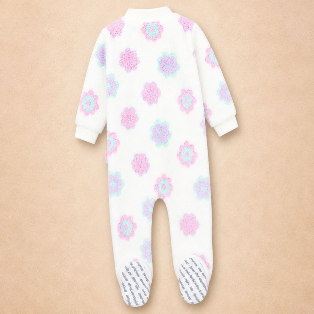 Macacão Fleece Infantil Zíper Solinha Antiderrapante Estampado Flores 12 a 24 Meses