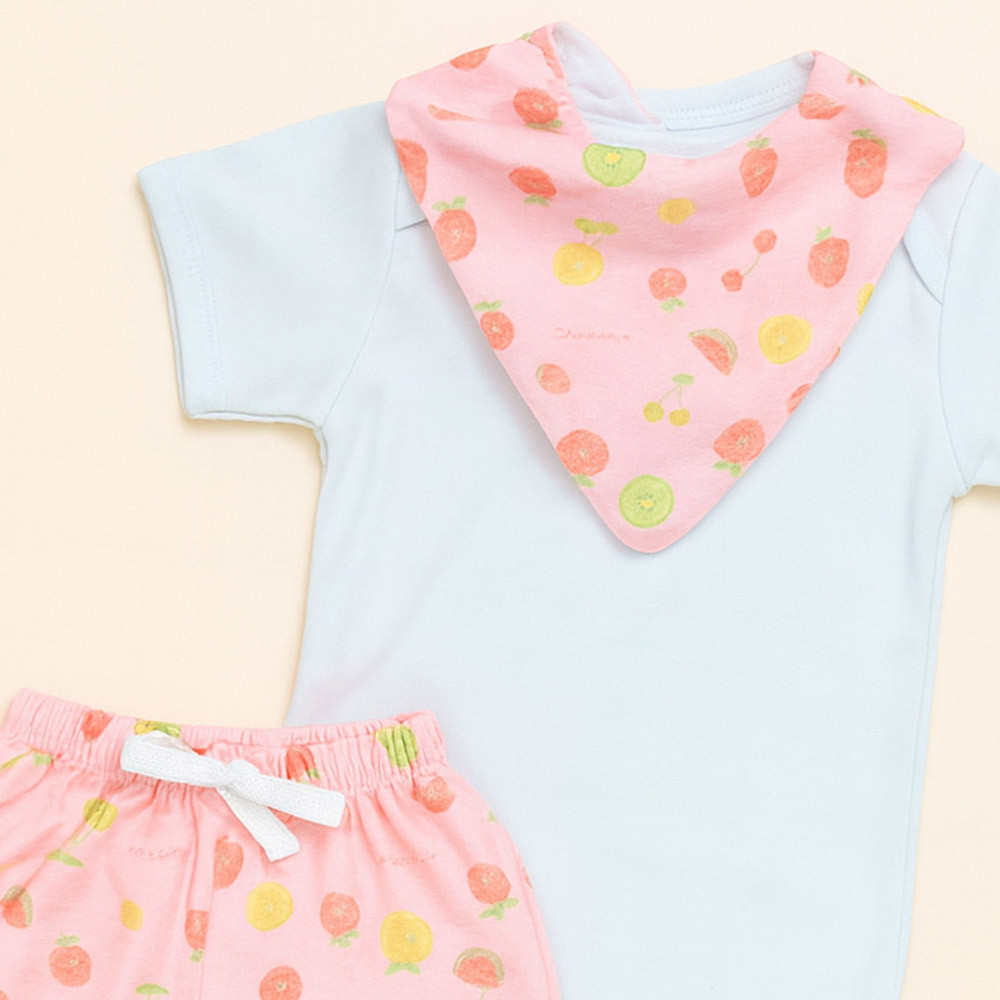 Conjunto 3 Peças Look Completo Body, Shorts e Bandana Estampada Divertida Frutas