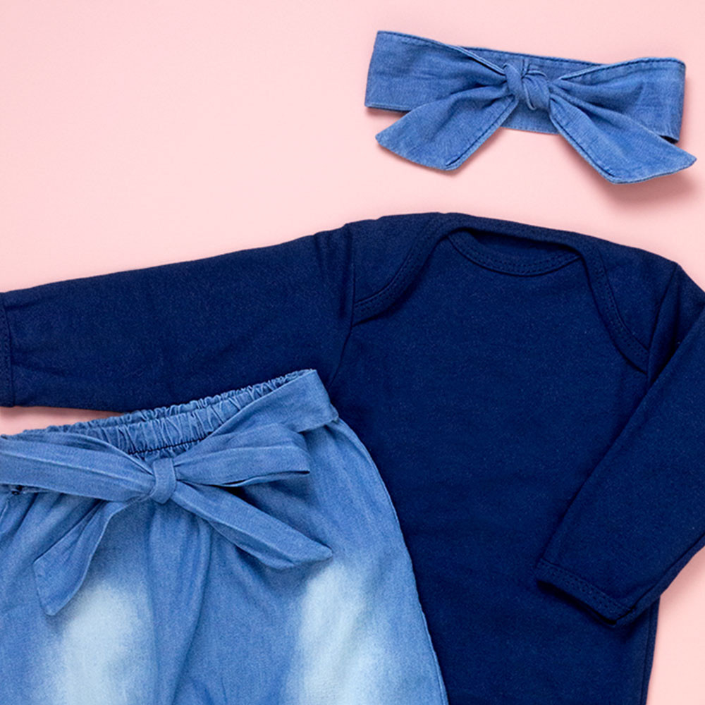 Conjunto Para Bebê Body e Calça Jeans com Faixinha Marinho