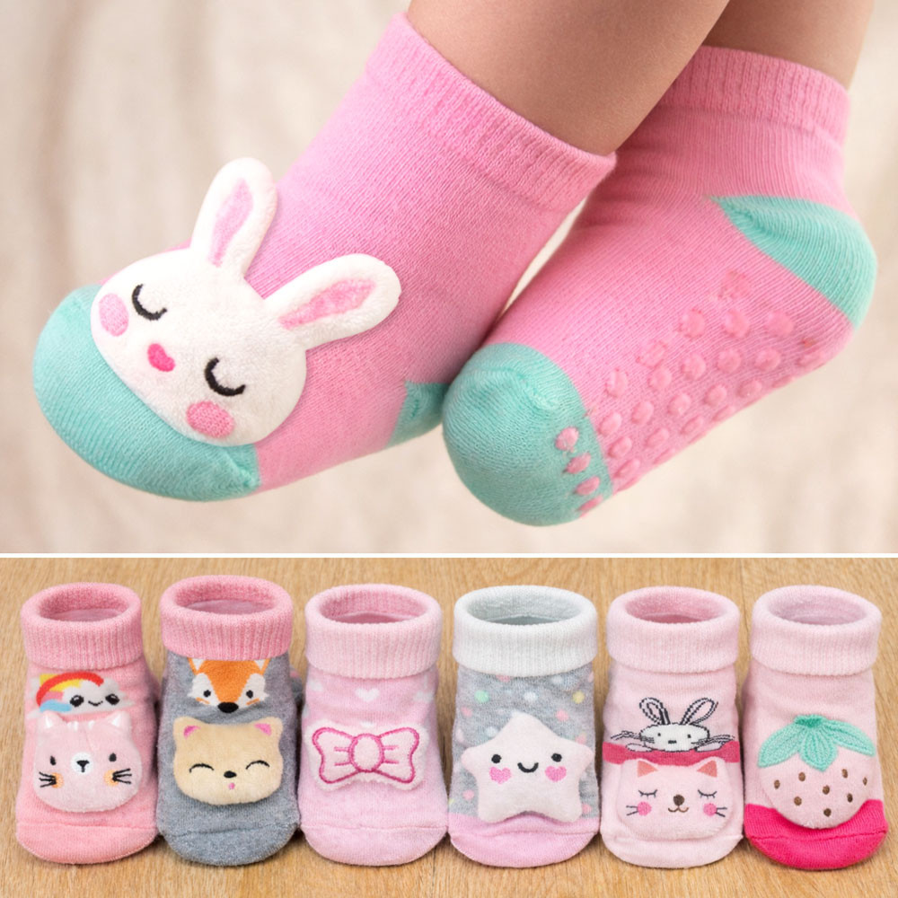 Kit 6 Pantufas Antiderrapante com Bordado Lúdico 3D para Bebês Meninas até 24 meses