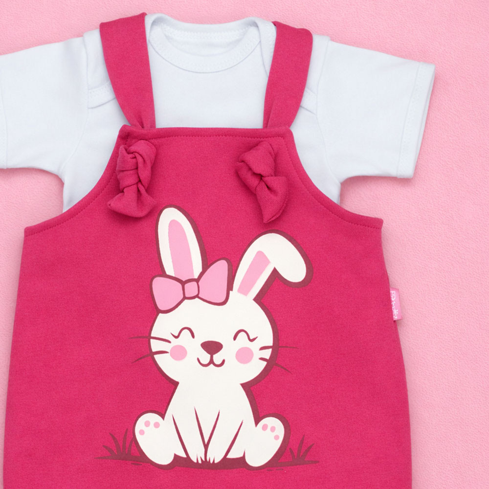 Conjunto Jardineira Nozinho e Body em Algodão Pink Para Bebês até 12 meses
