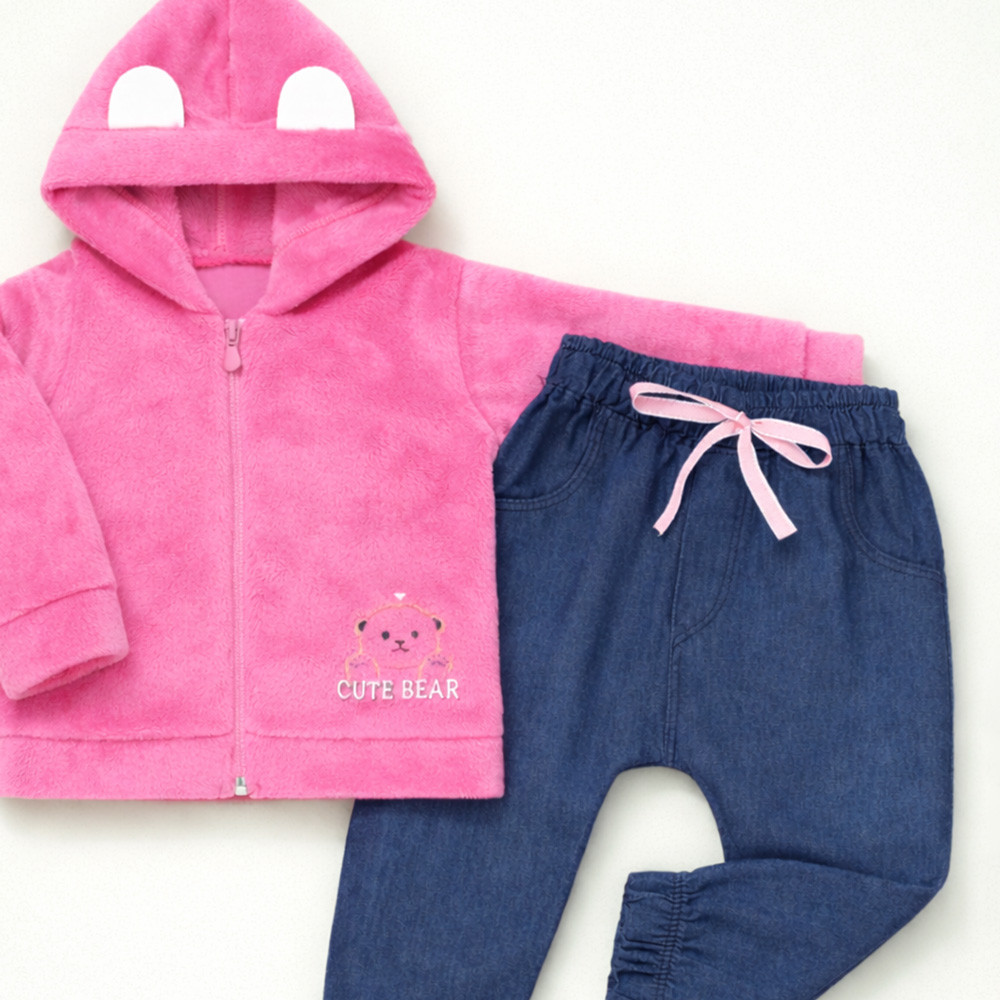 Conjunto Blusa Fleece Aveludado e Calça Jeans Rosa Para Bebê Menina