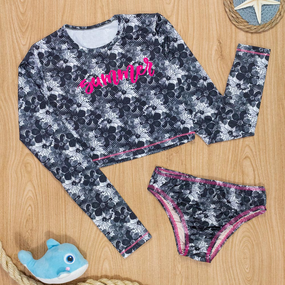 Conjunto Curto Biquini Infantil Proteção UV50+ Flor Praiana