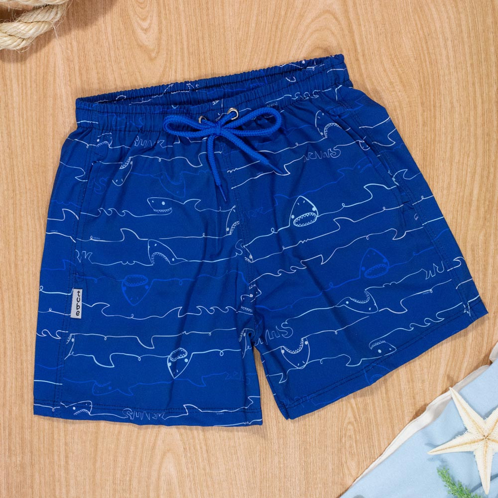 Shorts Praia Surf Tubarão no Mar para Meninos Azul Escuro