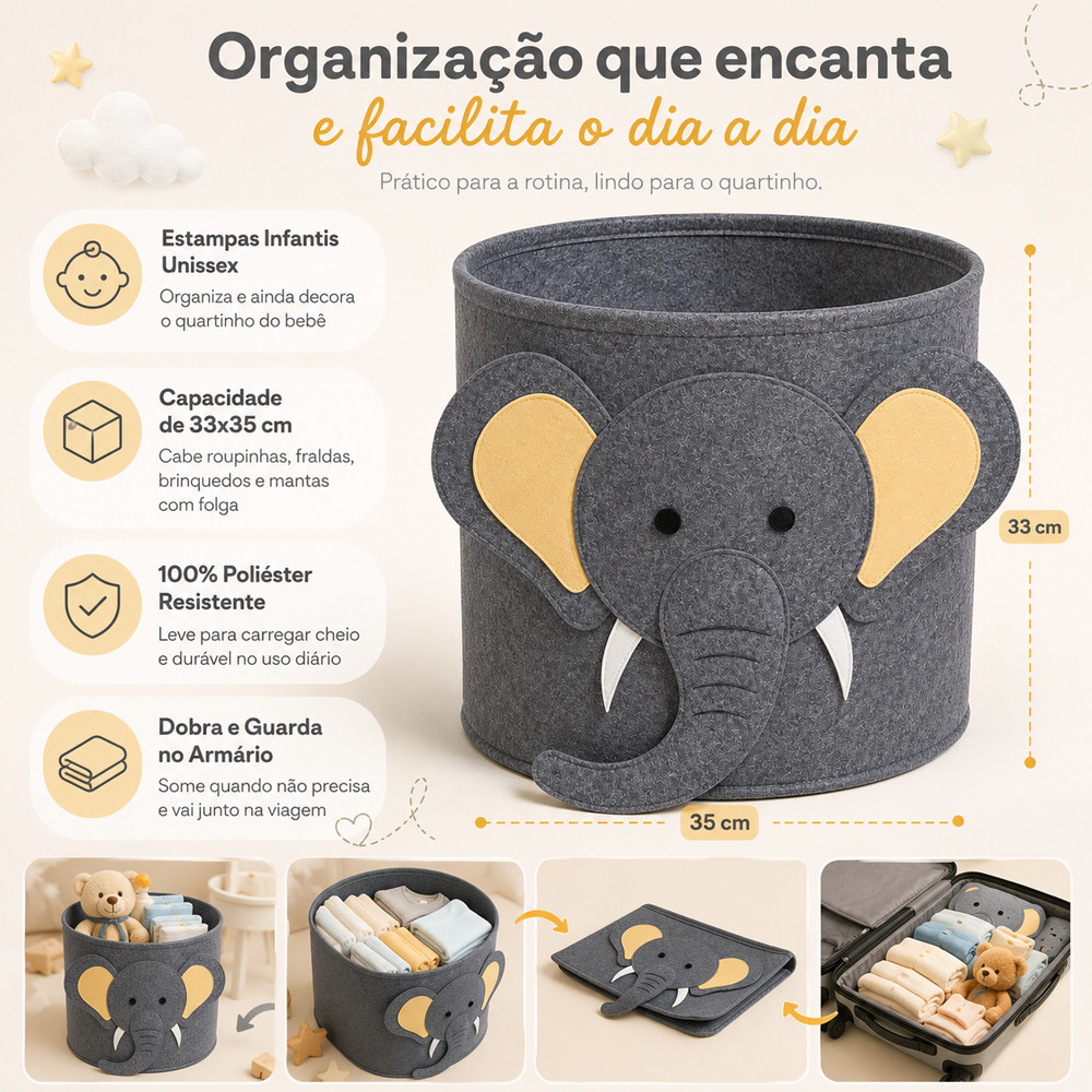 Cesto Organizador Infantil Dobrável 33x35cm Estampa de Bichinho Tubarão