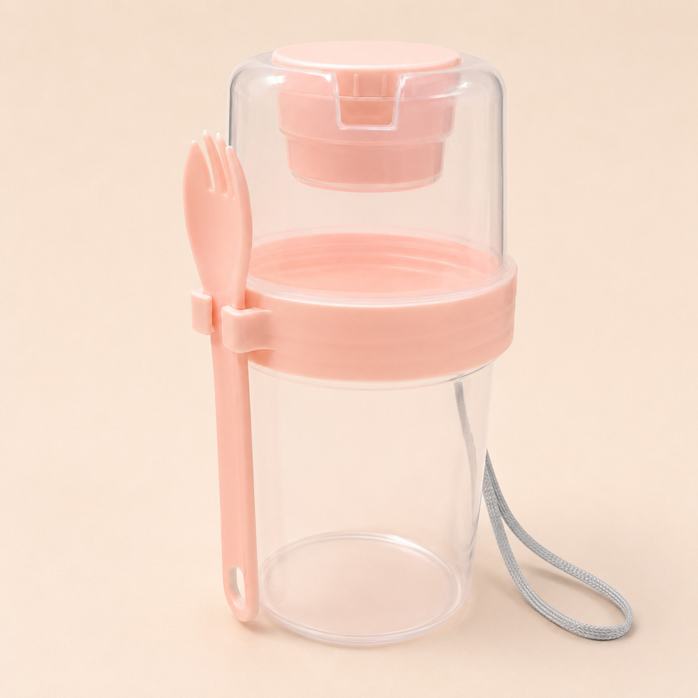 Copo Rosa Para Salada de Frutas Portátil com Talher e Compartimento Separado Lanchinho Saudável 