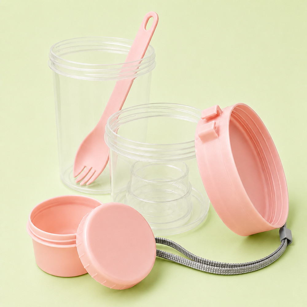 Copo Rosa Para Salada de Frutas Portátil com Talher e Compartimento Separado Lanchinho Saudável 