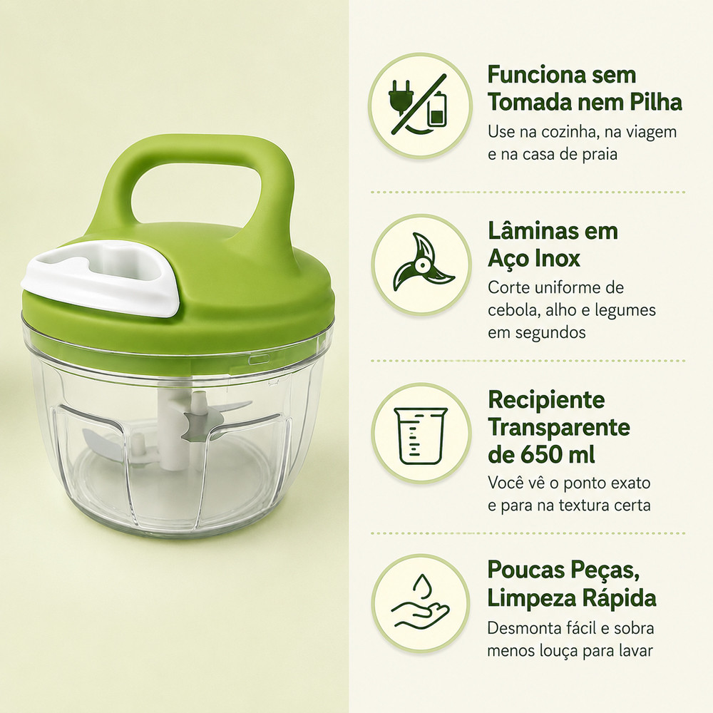 Mini Processador Manual 650ml Papinha do Bebê e Temperos Verde
