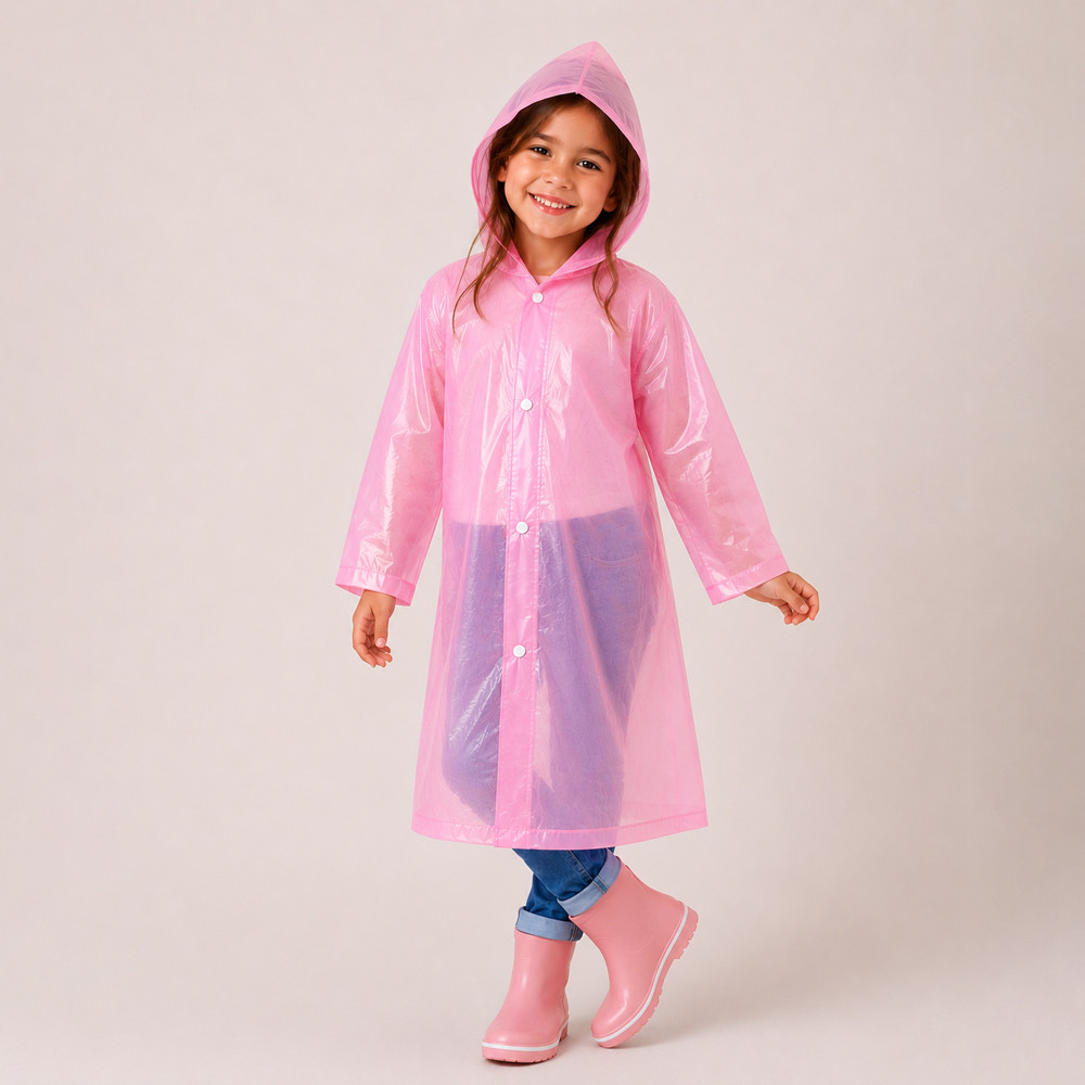 Capa de Chuva Rosa Infantil Impermeável com Capuz e Botões 50x80cm de 3 a 8 Anos 