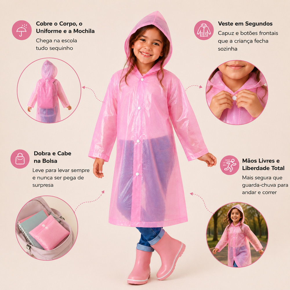 Capa de Chuva Rosa Infantil Impermeável com Capuz e Botões 50x80cm de 3 a 8 Anos 
