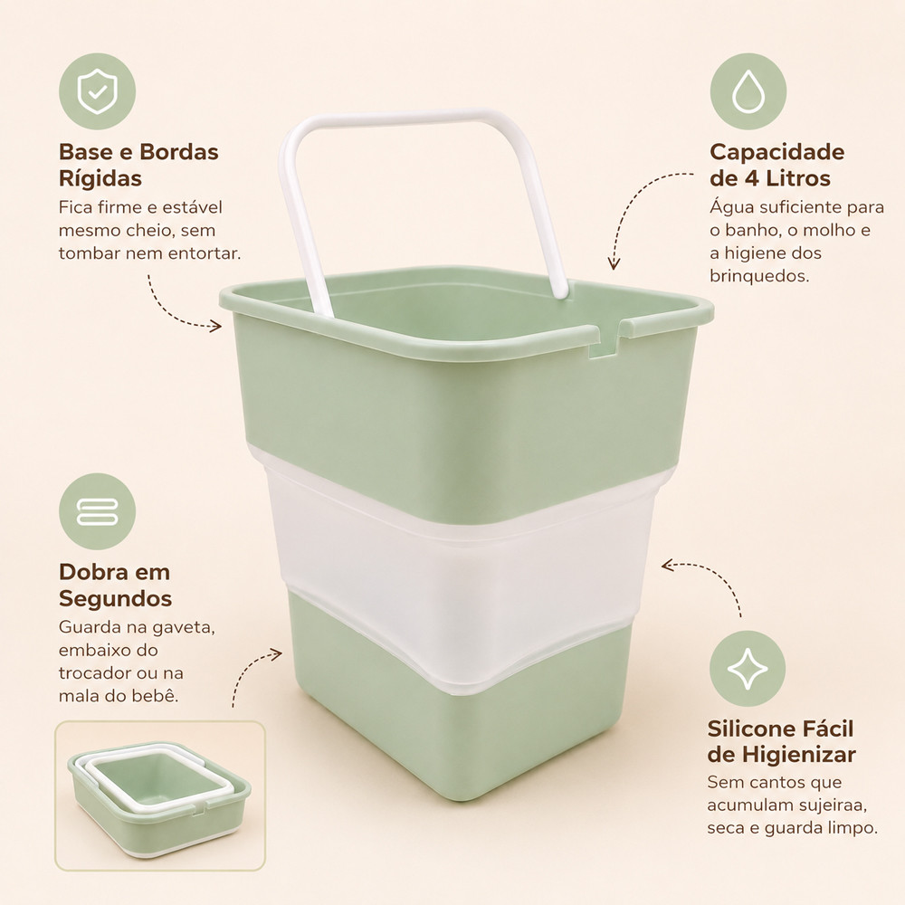Balde Dobrável Retrátil Multiuso Em Silicone 4 Litros Com Alça Bege