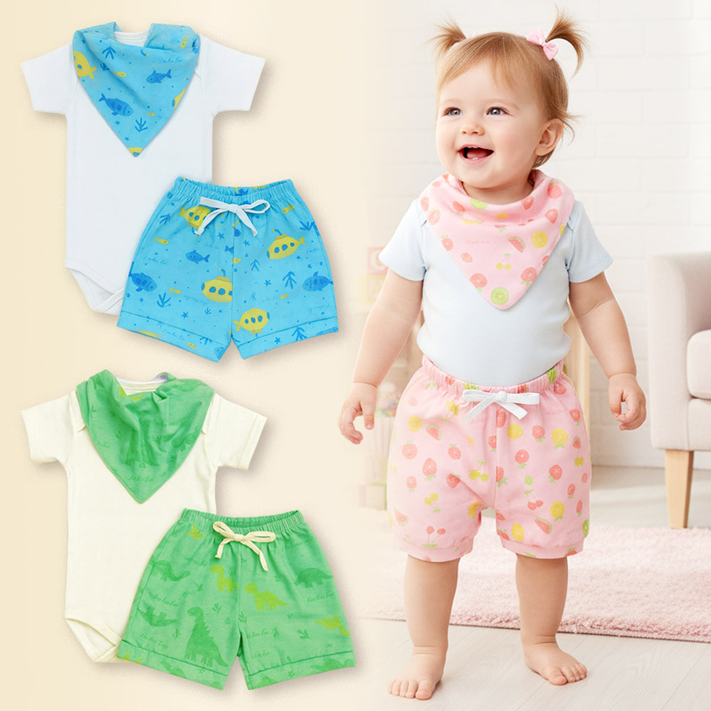 Conjunto 3 Peças Look Completo Body, Shorts e Bandana Estampada Divertida Dino 