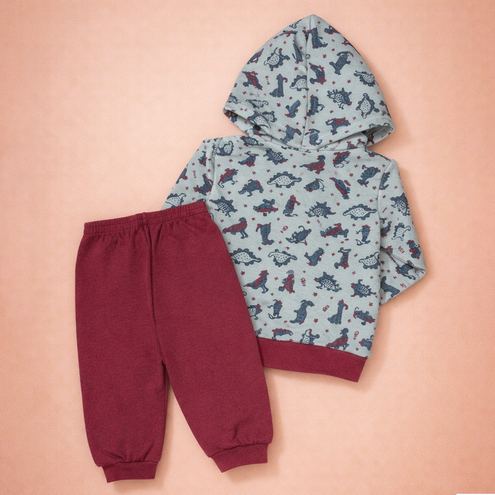Conjunto Bebê Menino Jaqueta Estampada Com Capuz Moletom Inverno Vinho 