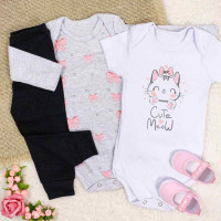 KIT BODY 3 PEÇAS COM CALÇA PARA BEBÊ ESTAMPADINHO GATINHA