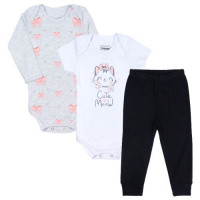 KIT BODY 3 PEÇAS COM CALÇA PARA BEBÊ ESTAMPADINHO GATINHA