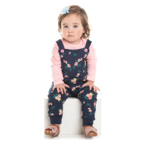 JARDINEIRA PARA BEBÊ COM BODY LONGO ESTAMPA FLORZINHA MARINHO
