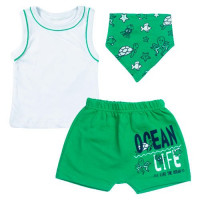CONJUNTO CURTO REGATA, BERMUDA E BANDANA PARA BEBÊ ESTAMPA OCEAN BRANCO