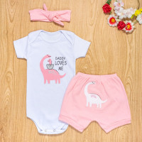 CONJUNTO PARA BEBÊ BODY SHORTS E FAIXA BORDADINHO DINO BRANCO