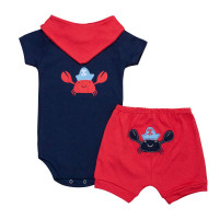 CONJUNTO PARA BEBÊ BODY SHORTS E BANDANA BORDADINHO CARANGUEJO MARINHO