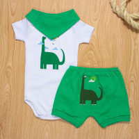 CONJUNTO PARA BEBÊ BODY SHORTS E BANDANA BORDADINHO DINO VERDE BRANCO