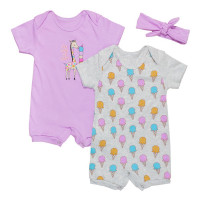 KIT MACACÃO PARA BEBÊ COM FAIXA 3 PEÇAS SORVETE GIRAFA