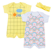 KIT MACACÃO PARA BEBÊ COM FAIXA 3 PEÇAS CHUVA ARCO IRIS