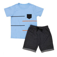 CONJUNTO INFANTIL 2 AO 10 CURTO 100% ALGODÃO BOLSINHO AZUL CLARO