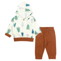 CONJUNTO LONGO PARA BEBÊ EM SOFT BLUSA COM CAPUZ E CALÇA ESTAMPA CREME