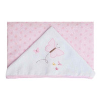 TOALHA DE BANHO ESTAMPADA FELPUDA PARA BEBÊ CAPUZ BORDADO BORBOLETINHA ROSA CLARO