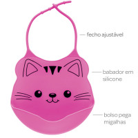 BABADOR PEGA MIGALHAS EM SILICONE PARA BEBÊ ESTAMPA GATINHA ROSA