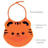 BABADOR PEGA MIGALHAS EM SILICONE PARA BEBÊ ESTAMPA TIGRE LARANJA