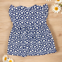 VESTIDO PARA BEBÊ EM TRICOLINE MANGA CURTA FLORZINHAS MARINHO