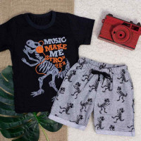CONJUNTO CURTO CAMISETA E BERMUDA INFANTIL ESTAMPA DINO MUSIC PRETO