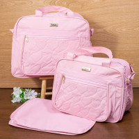 KIT BOLSAS MATERNIDADE 3 PEÇAS CORAÇÃO ROSA CLARO