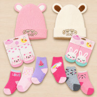 Kit Inverno Bebê 5 Peças - Touca Pantufa 3 Meias Para Menina de 0 a 24 Meses