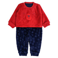 MACACÃO LONGO EM PLUSH PARA BEBÊ MENINO BORDADO URSINHO VERMELHO