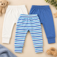 Kit 3 Calças Bebê Com Pé Reversível Suedine Algodão e Macelin Estampada Listrado Azul