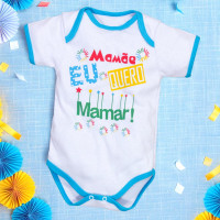 BODY PARA BEBÊ CURTO MAMÃE EU QUERO MAMAR VIÉS TURQUESA