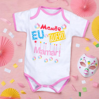 BODY PARA BEBÊ CURTO MAMÃE EU QUERO MAMAR VIÉS ROSA