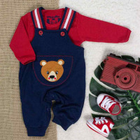 JARDINEIRA COM BODY MANGA LONGA PARA BEBÊ BORDADO URSO MARINHO
