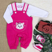JARDINEIRA COM BODY MANGA LONGA PARA BEBÊ BORDADO GATINHA PINK