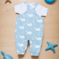 Kit Verão Menino Jardineira e Body Curto Baleia Azul Claro