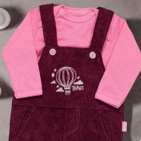 Jardineira para Bebê Meninas em Cotelê Bordada Balão Marsala