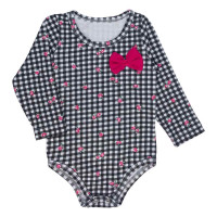 BODY MANGA LONGA EM COTTON XADREZ QUADICULADO LACINHO PRETO