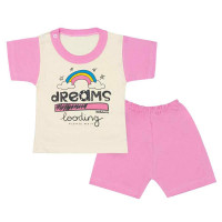 PIJAMA CURTO MALHA PARA BEBÊ ESTAMPADINHO CREME E ROSA