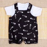 JARDINEIRA CURTA COM BODY PARA BEBÊ MINIMALISTA PEIXINHO PRETO
