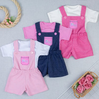 Conjunto Jardineira Bebê Menina com Body Manga Curta Look Fashion Marinho