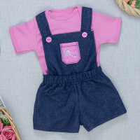 Conjunto Jardineira Bebê Menina com Body Manga Curta Look Fashion Marinho